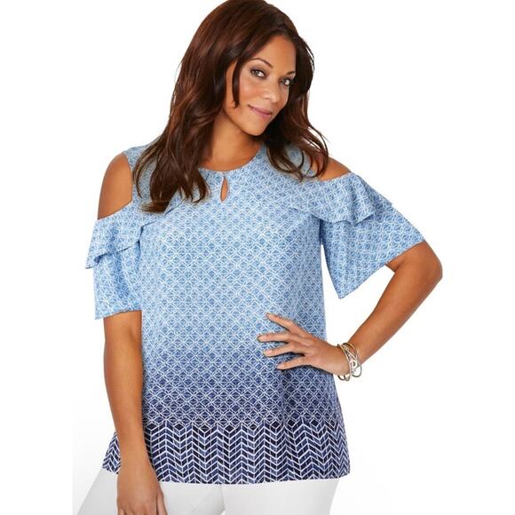 Catherines Womens Georgette Open Shoulder Top Plus Size 2X Ruffle Ombre Blue - Picture 6 of 6